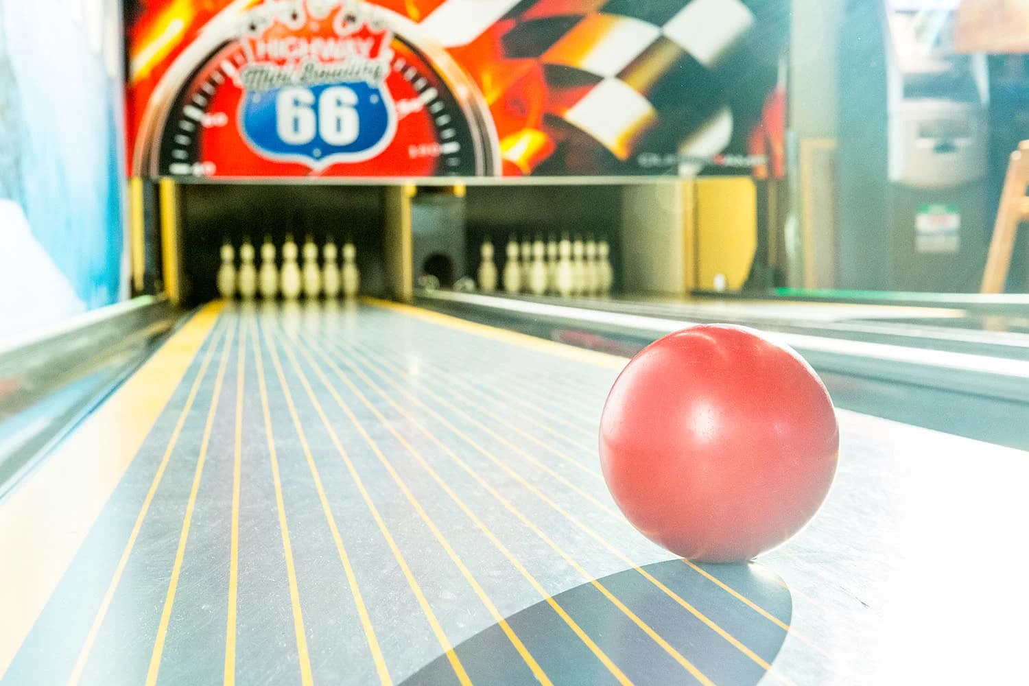 Red ball on one of the tavern's two mini-bowling lanes
